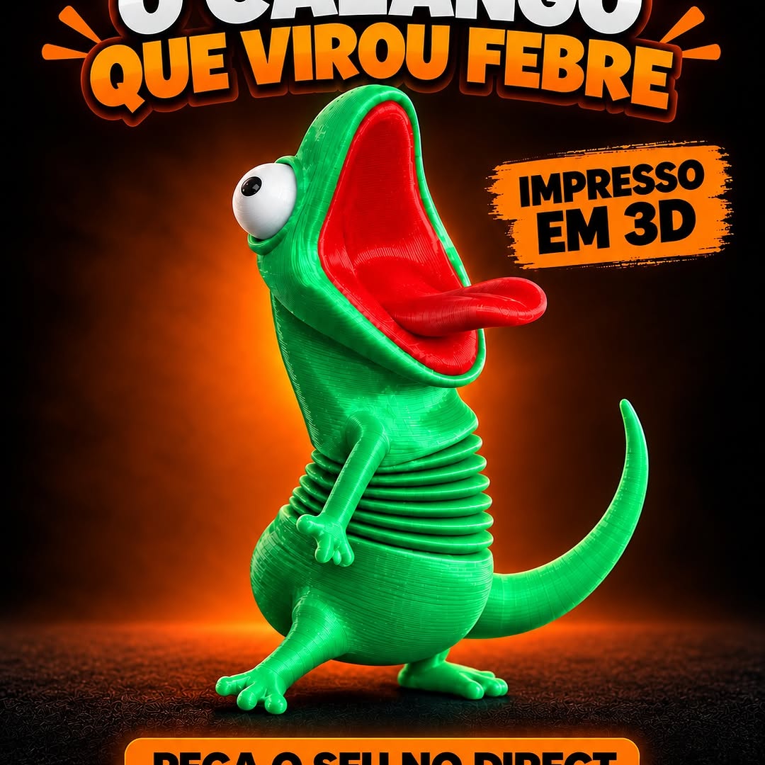 Calango verde impresso em 3D, de boca vermelha e olhos grandes, em arte promocional do estúdio