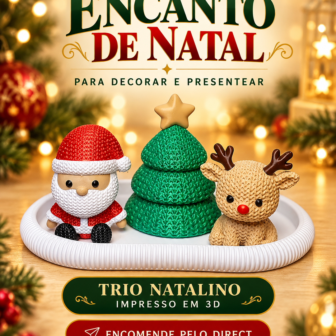 Trio natalino impresso em 3D, com Papai Noel, árvore verde e rena, em publicação da Studios 3D Rocha